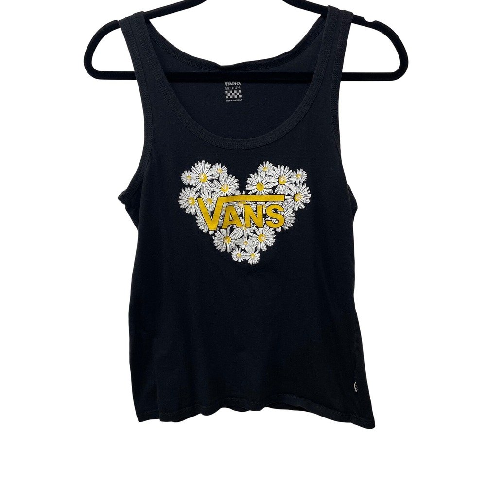 Vans Womens Black Daisy Heart Logo Graphic Scoop Neck Tank Top Boho Skater M